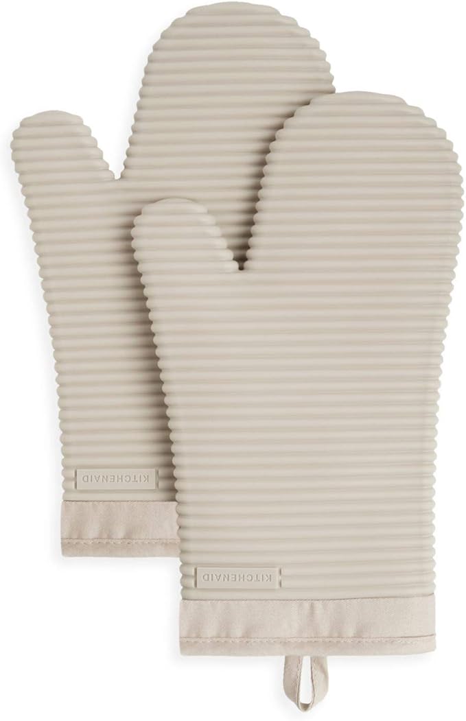 KitchenAid Ribbed Soft Silicone Oven Mitt Set, 7"x13", Milkshake 2 Count